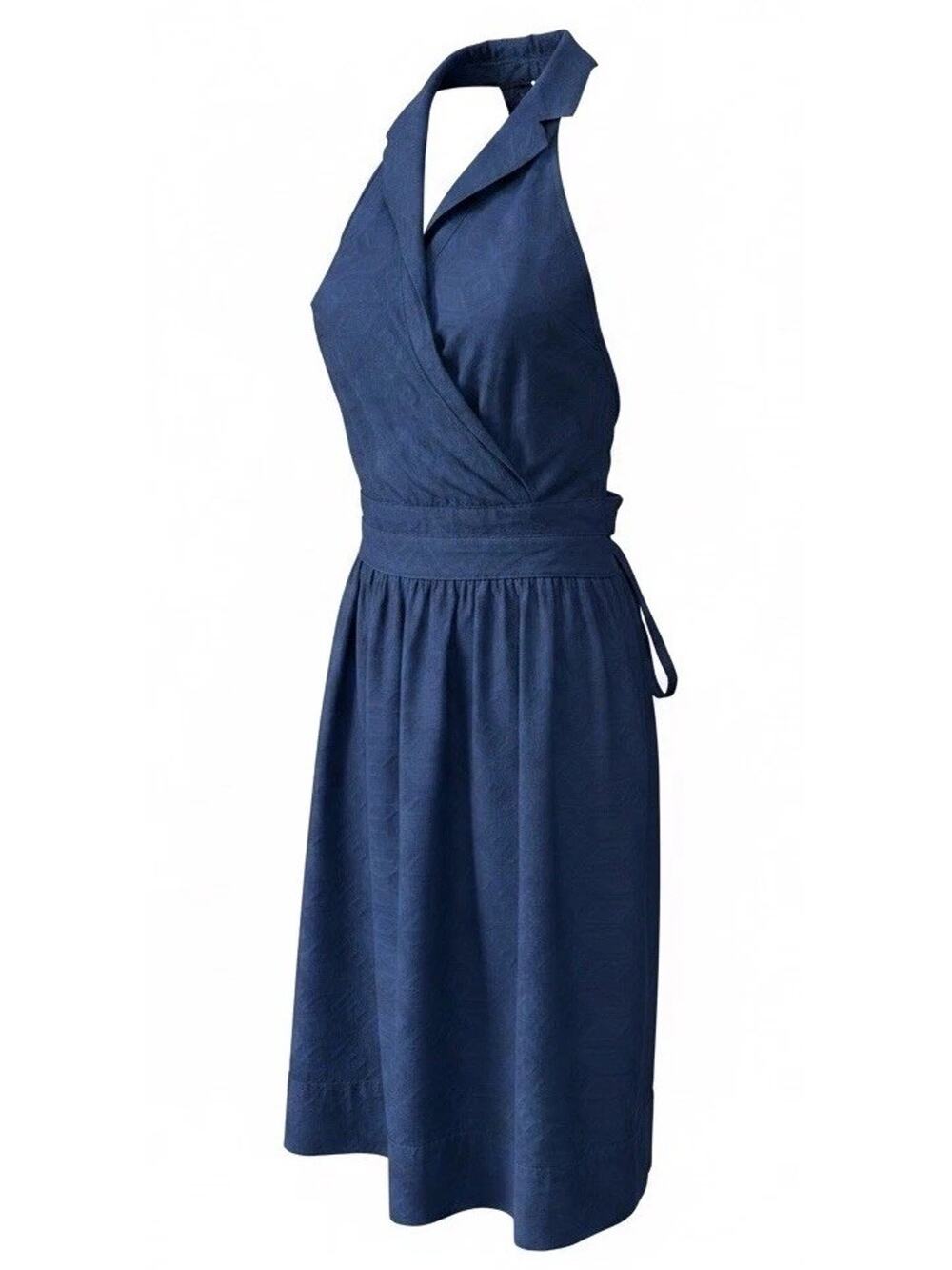 Milly of New York Blue Jacquard Cotton Halter Wrap Midi Dress Size 4 Made in USA